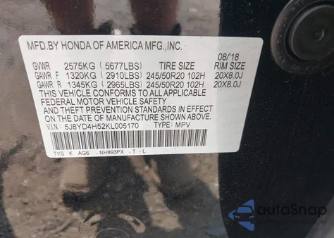 2019 Acura Mdx Tech Pkg z USA, uszkodzony, nr VIN 5J8YD4H52KL005170